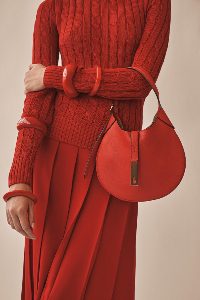 Polo Ralph Lauren red monochrome outfit with red ribbed cardigan, Red shoulder bag and red skirt